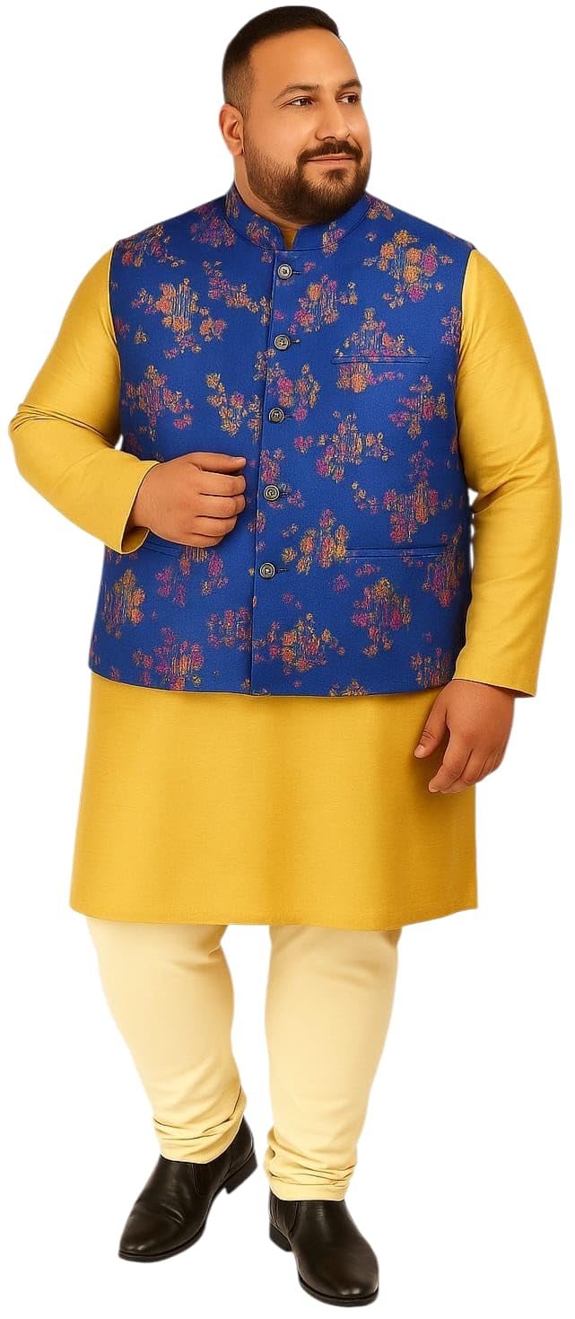 ifox lifestyle Plus Size Men's Floral Printed Nehru Jacket, Blue Silk Blend Waistcoat, Traditional Ethnic Wedding Party (IN, Alpha, 3XL, Plus)-picture-52