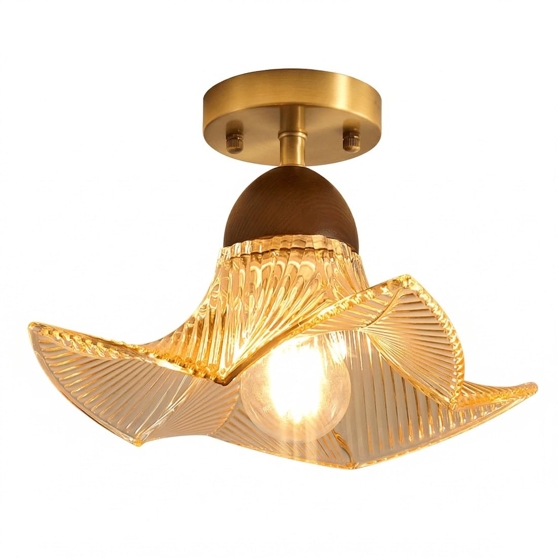 IvyLoutish Mid-Century Modern Vintage Style Ceiling Light, Brass Walnut Wood and Colorful Scalloped Wavy Glass Shade, Plafond, Flush Mount Fixture, Lamp, Luminaire Suitable for Hallway(Amber)