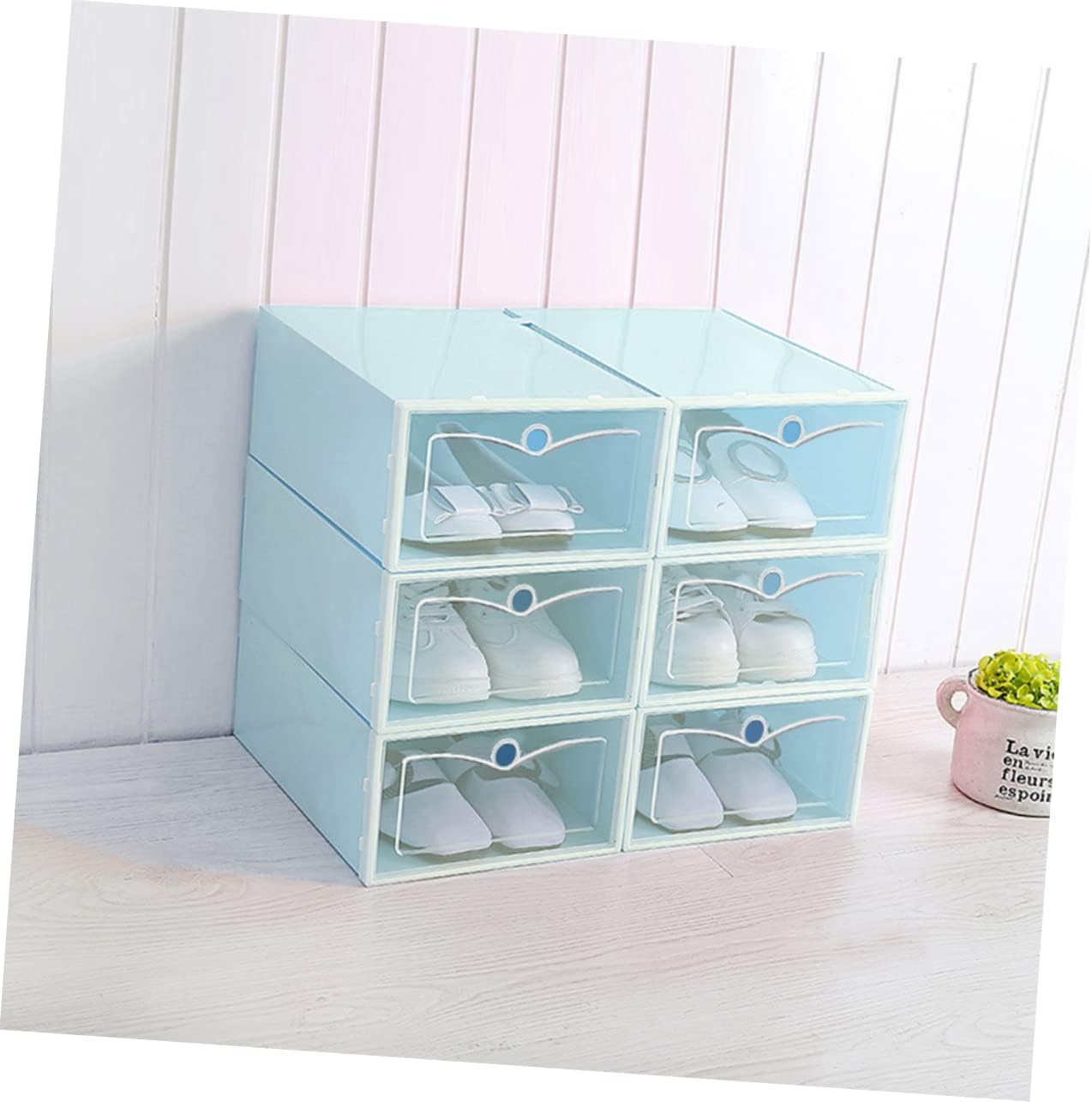 Mobestech 6Pcs Stackable Transparent Shoe Box Blue Plastic Storage Container for Organizing Footwear for Closets Entryways and Under Beds