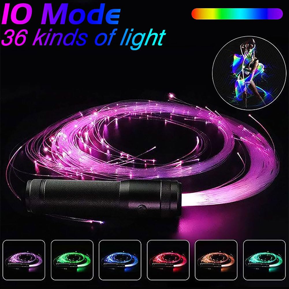 Frusta a LED in fibra ottica, girevole a 360°, ricaricabile tramite USB, 10 colori luminosi e 36 effetti, giocattolo per danza, feste, spettacoli di luce, festival musicali