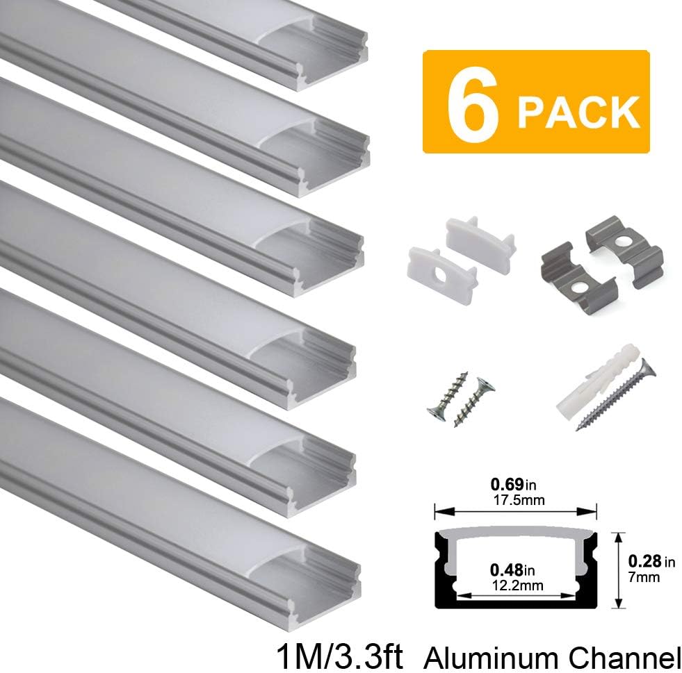 hunhun 6-Pack 3.3ft/1Meter U Shape LED Aluminum Channel System with Milky Cover, End Caps and Mounting Clips, Aluminum Profile for LED Strip Light Installations, Very Easy Installation
