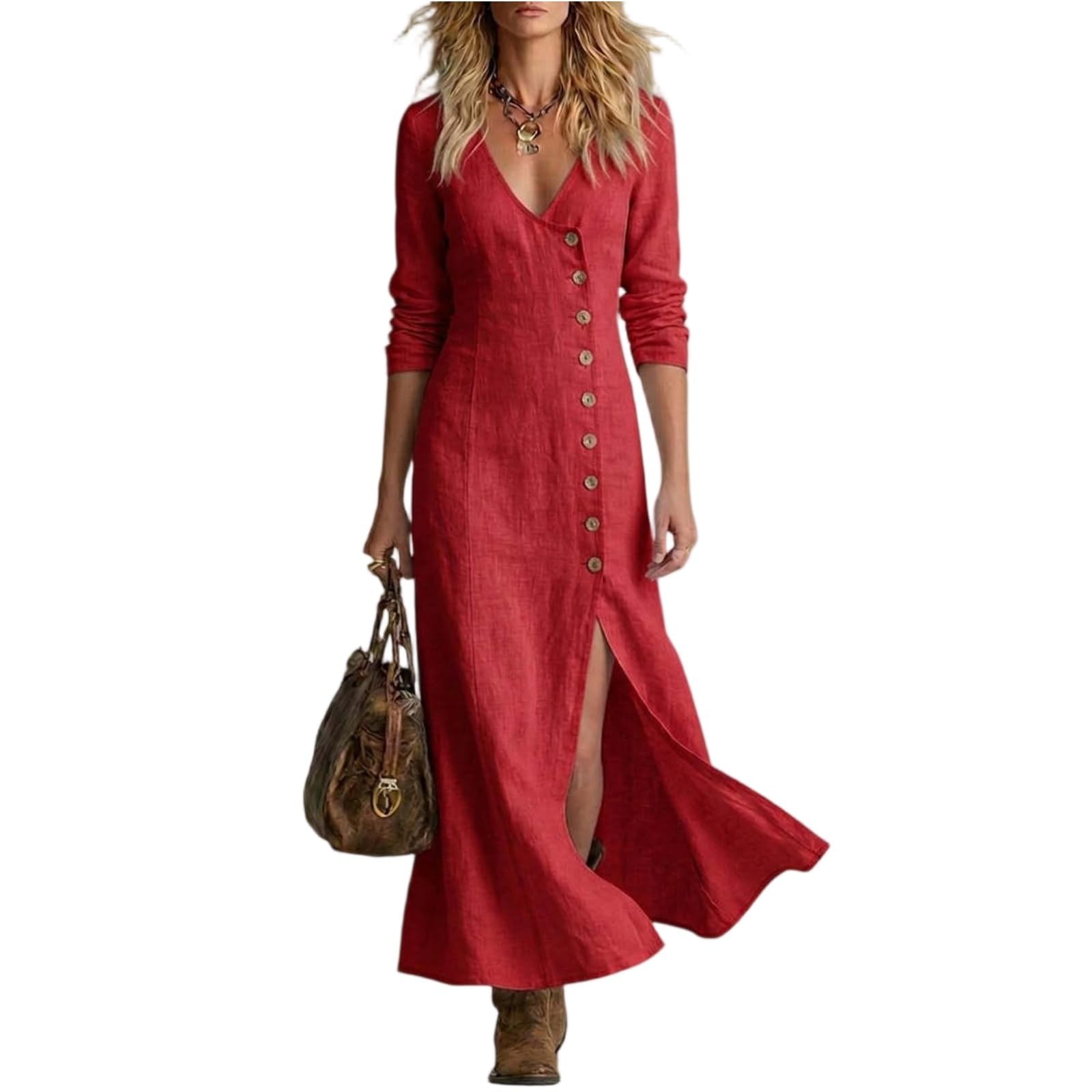 Abito in Lino Donna Abito da Donna in Cotone e Lino con Scollo a V, Bottoni, Maniche Lunghe, Ampio e svolazzante, Perfetto per L'Estate, Stile Boho, con Spacco Laterale, Vestito Estivo Elegante