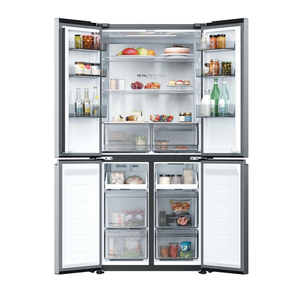 Haier Frigorífico Americano 523 L Inox, Rise [HCR58S18DNMM] | 4 Puertas, 83 An. x 185 Al. cm, Total No Frost, Motor Inverter, Magic Zone, Active Fresh Zone, Filtro Aire, Columna de Metal