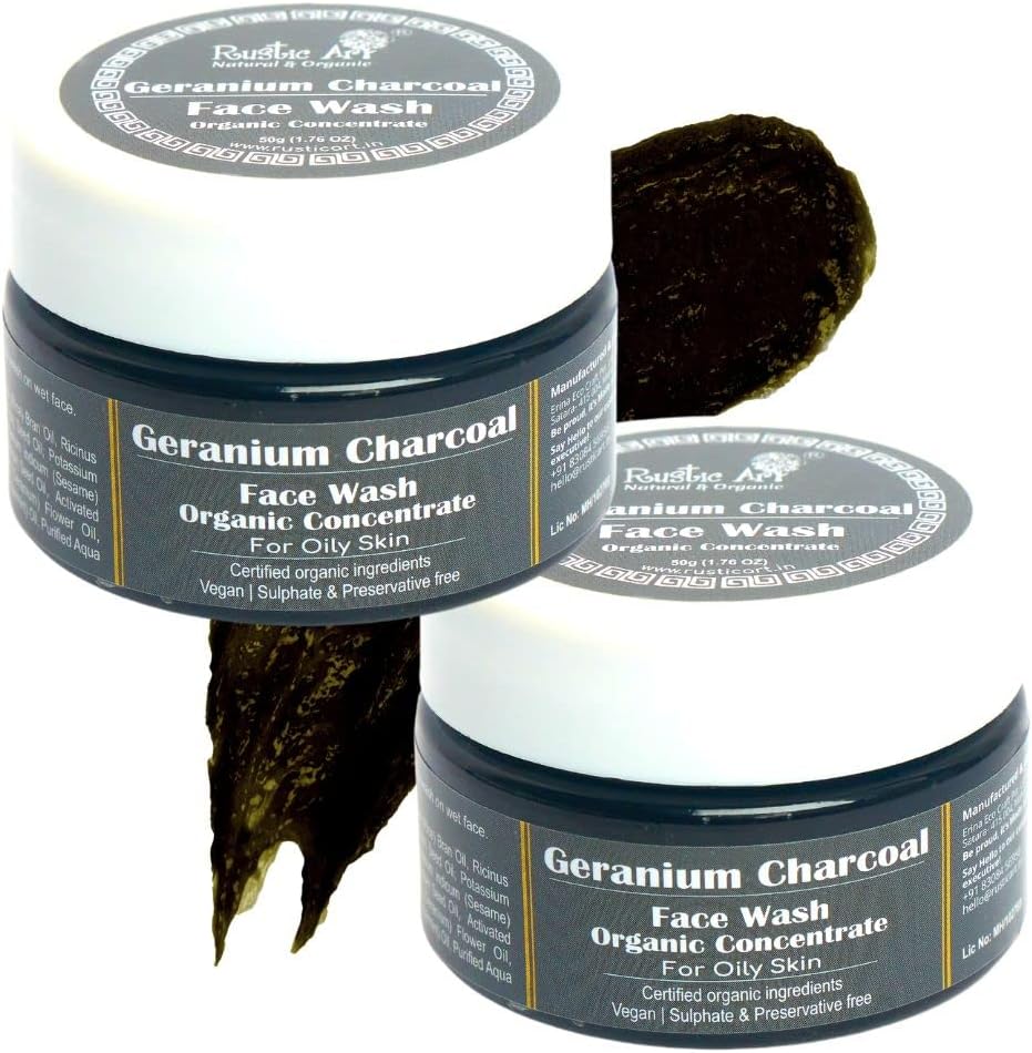 Rustic Art Organic Geranium Charcoal Face Wash | Deep Pore Cleansing for Oily Skin | Activated Charcoal | 50g Pack of 2