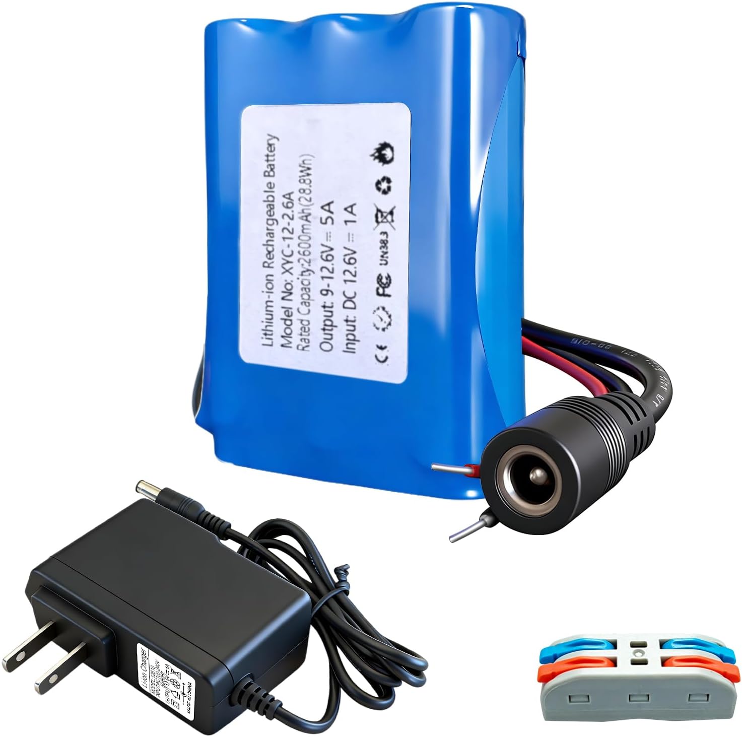 12V 2600mAh Rechargeable Li-ion Battery with Charger, Bare Leads Wire Battery Pack Perfect for DIY Project, Speakers, RC Car, Robot Toys, LED Light Strip, CCTV Camera (12V 2600mAh)