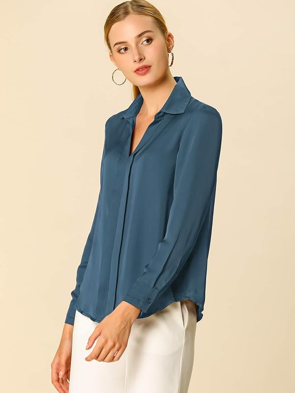 Allegra K Women's Silk Top Elegant V Neck Satin Blouse Long Sleeve Dressy Business Shirt Work Tops Large Gray Blue by Allegra K - Used condition - Image 7