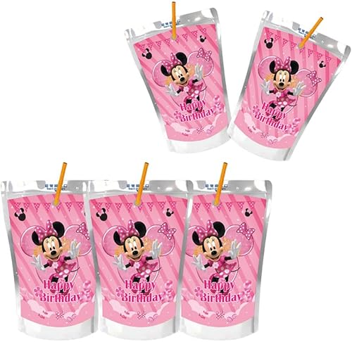 24 etiquetas de bolsa de jugo de ratón rosa para suministros de fiesta de cumpleaños de ratón rosa, calcomanías de decoración de fiesta de Min-nie