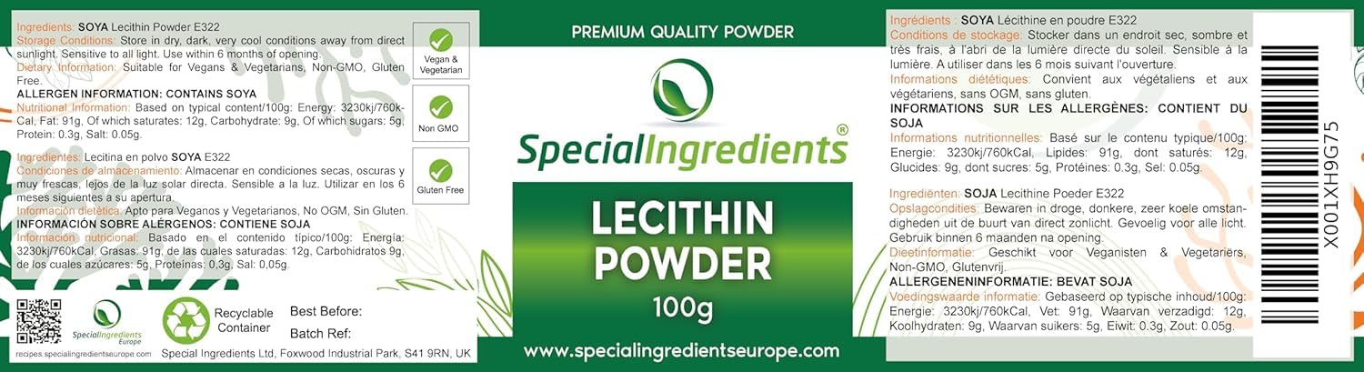 Special Ingredients Lécithine de Soja 100 gr Poudre: Émulsifiant, Stabilisant, Conservateur, Qualité Supérieure, Soy Lecithin - 100 gramme
