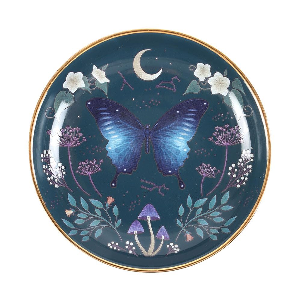 Something Different Wholesale Midnight Moth Trinket Dish – Blue Hues with Floral Accents & Metallic Gold Edging – Decorative Storage for Jewelry, Rings, and Small Treasures – Elegant Home Decor Piece