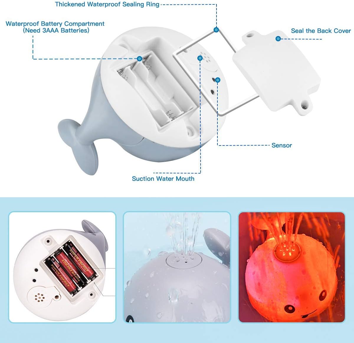 Learning Curve Baby Bath Toys, Light Up Whale Bath Toys with LED Light Spray Water Bath Toys for Toddlers Infant Kids Boys Girls Induction Sprinkler Bathtub Toys Shower Pool Bathroom Toy Gray : Toys & Games