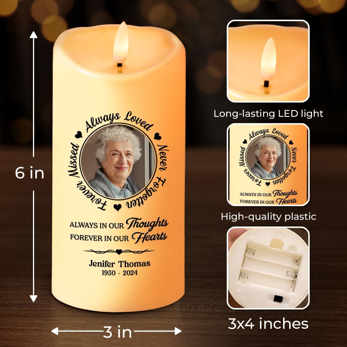 Custom Photo Memorial Candle, Always in Our Thoughts Forever in Our Hearts Personalized Memorial LED Light Candles, Sympathy Gifts for Loss of Loved Ones, Remembrance Flameless Candles