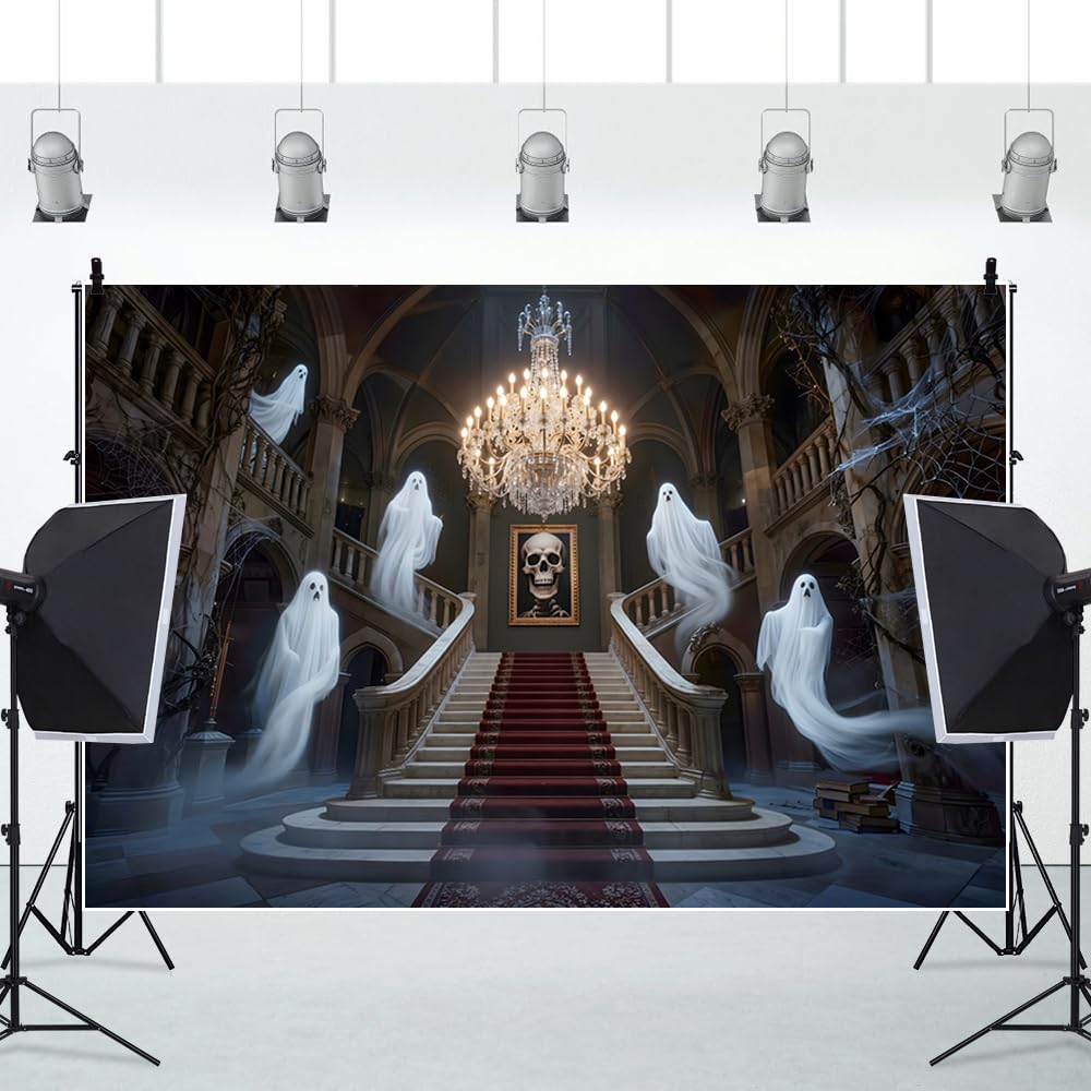 3 x 2,4 m sfondo fotografico di Halloween – spettrale castello stregato fantasma teschio lampadario sfondo fotografia palazzo medievale scala Halloween horror festa compleanno banner photo