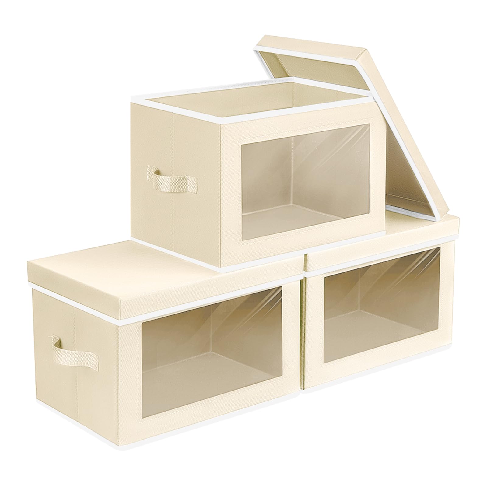 Homsorout 3 Pack Fabric Storage Boxes with Lids - Stackable Wardrobe Organisers with Transparent Windows, Foldable Lidded Baskets for Clothes, Blankets, Sheets, Beige — image 1