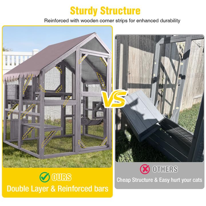 Image of Aivituvin Catio Outdoor Cat Enclosure Large Cat Run with Bridges, Walks, Small Houses, Roof Cover 28.27 ft