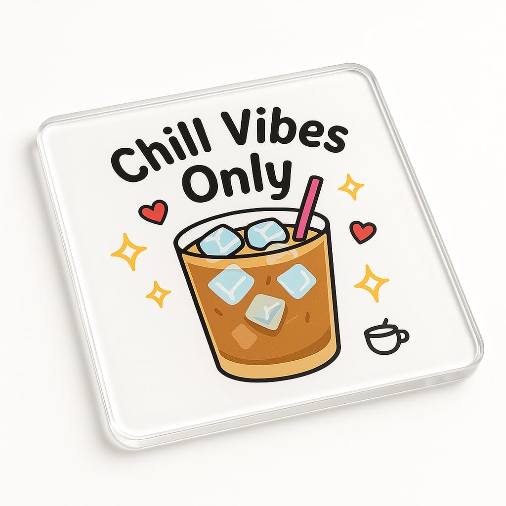 The Plum Penguin Chill Brew Bliss Acrylic Coaster Gift With Playful Iced Coffee Illustration - Chill Vibes Aesthetic Home Decor For Trendy Teens & Millennials