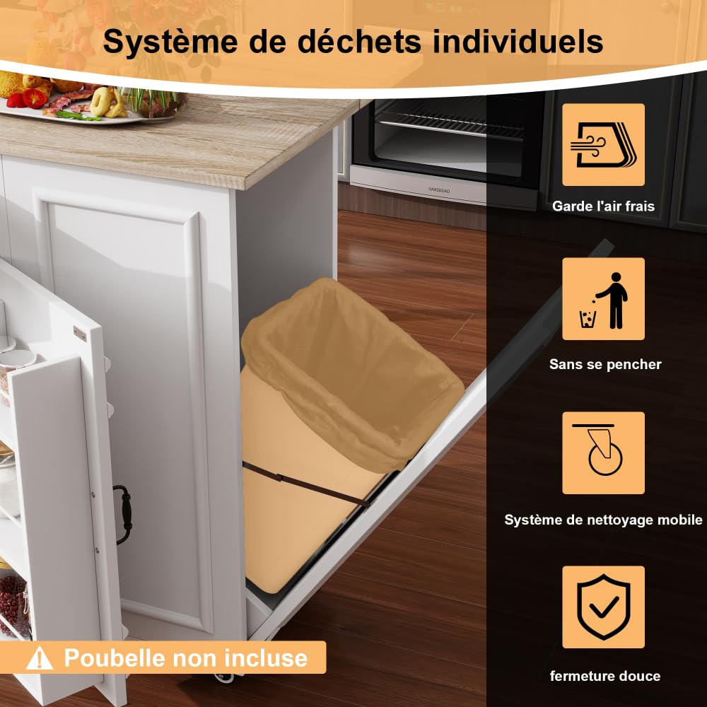 Sapgaks Îlot de Cuisine, desserte de Cuisine avec Prise électrique, placards, desserte avec Plan de Travail, Buffet, Chariot de Service, Armoire de Buffet, Blanc