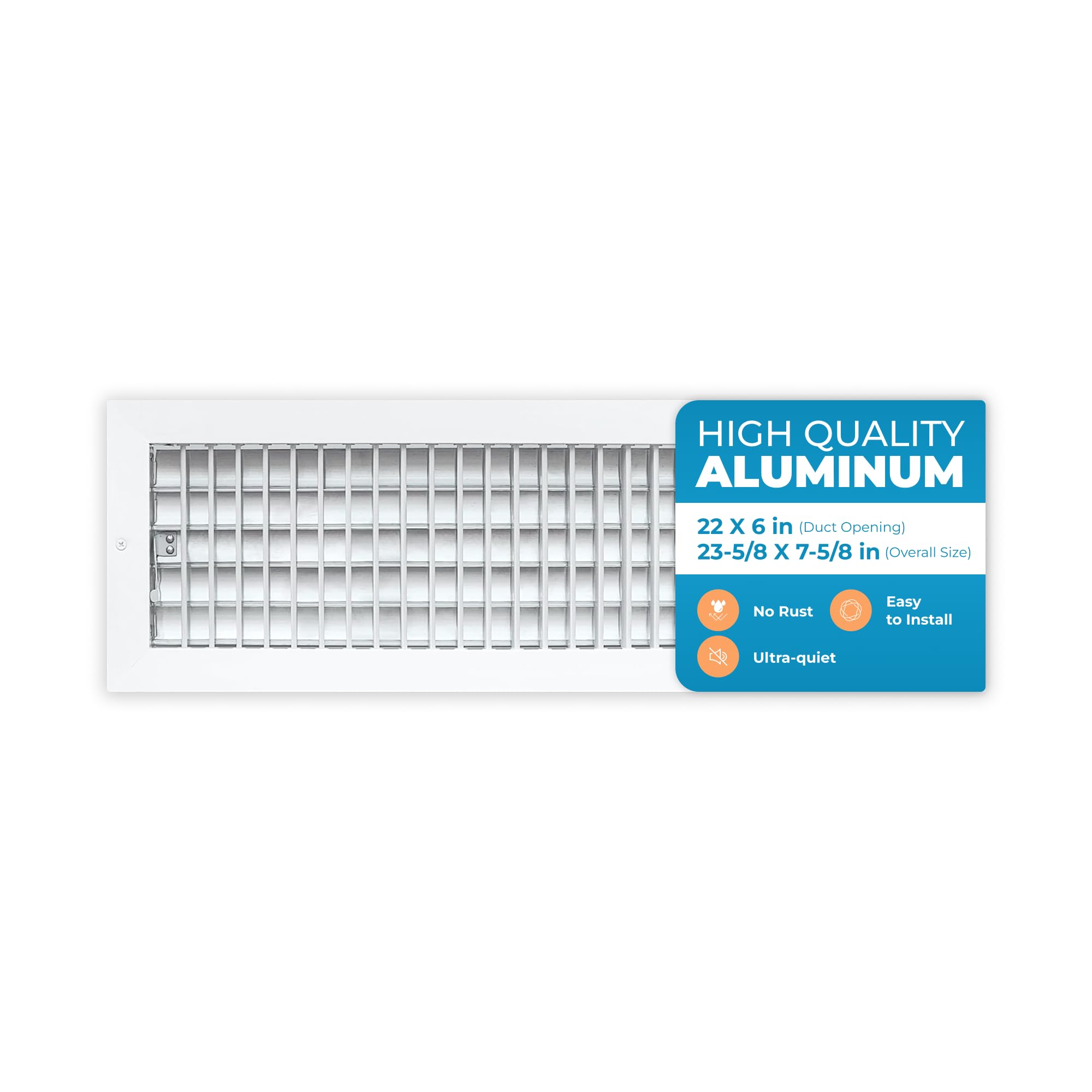 Aluminiowa kratka wentylacyjna 22 x 6 cali (otwór kanału) kratka wentylacyjna grzejnika - wysokiej jakości osłona wentylacyjna - trwała, odporna na rdzę kratka ścienna - całkowity rozmiar 50 x 18 cm