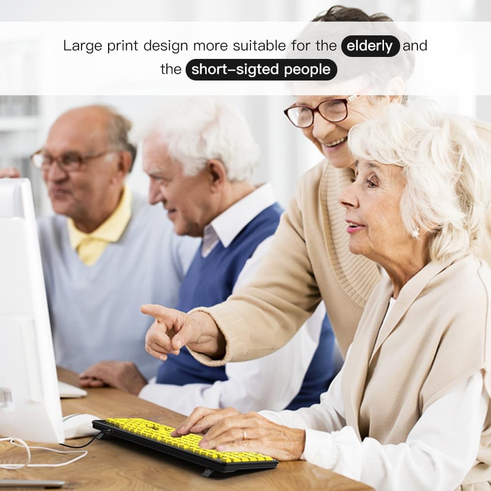 Large Font Yellow Elderly Keyboard Large Print Computer Keyboard, Wired USB High Contrast Keyboard with Oversized Print Letters, Computer Keyboards Wired Keyboard for Seniors, Elderly