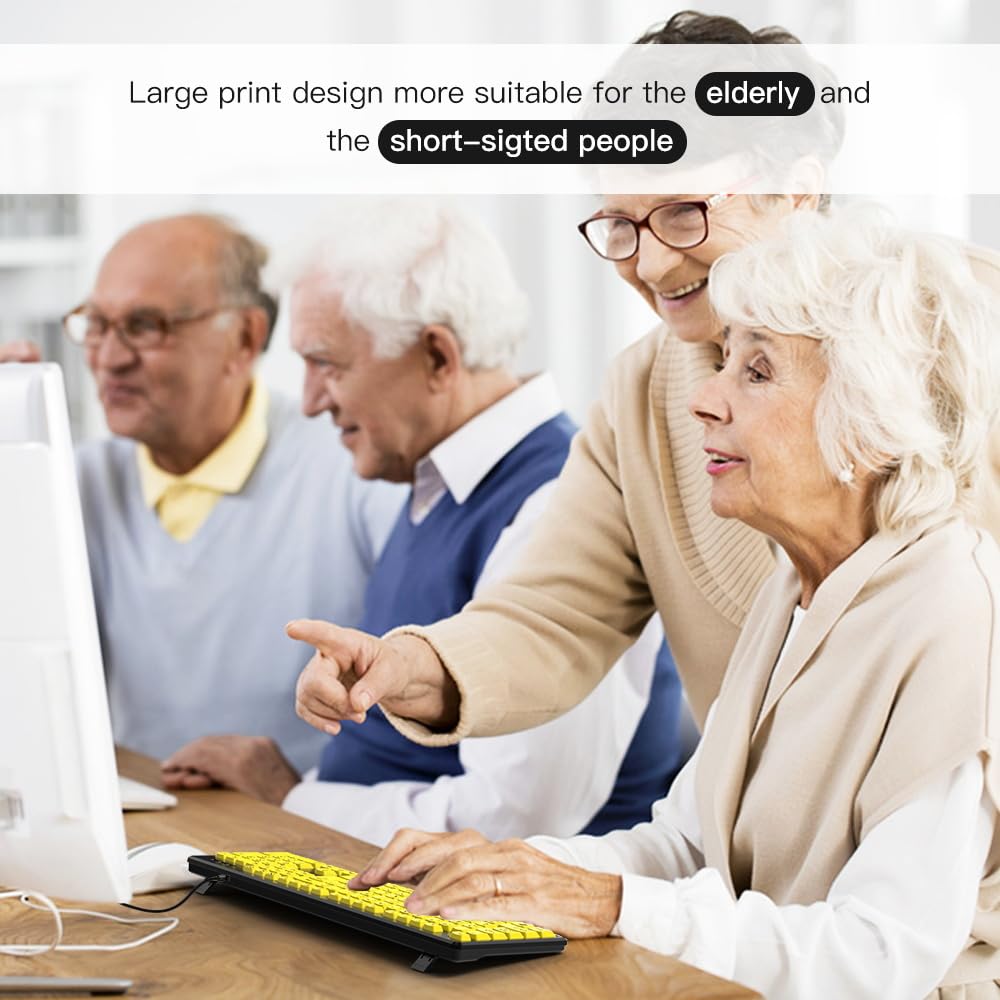 Tastiera Cablata Tastiera USB a Caratteri Grandi per Anziani | Tasti gialli ad alto contrasto per non vedenti Digitazione silenziosa Plug and Play per l'home office