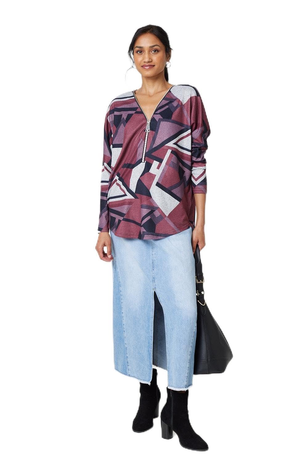 Izabel London Women's Multi Red Geo Print Zip Front Relaxed Top For Uk With Long Sleeves And A Curved Thigh Length Hem. Size 12