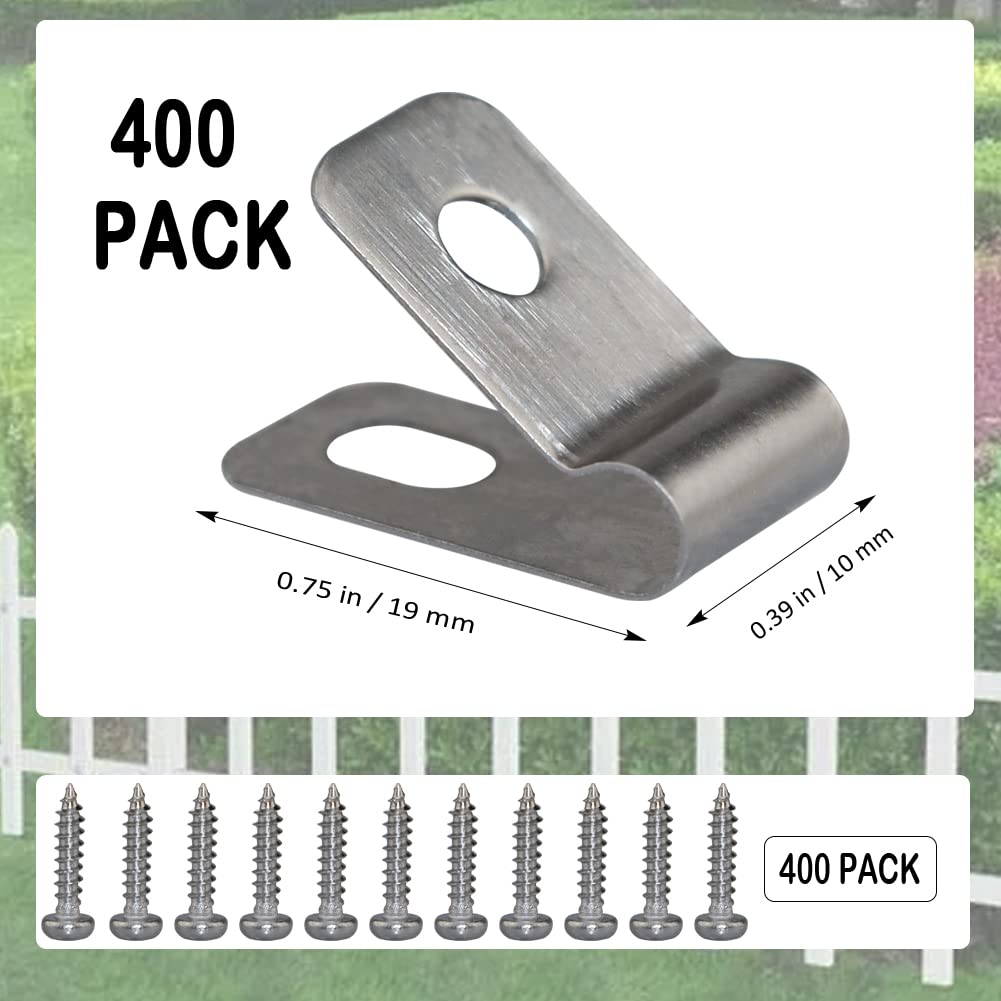 400 morsetti per recinzioni in acciaio inox con 400 viti in acciaio inox per filo saldato calibro 12-16 su legno, metallo o vinile (400 pezzi)