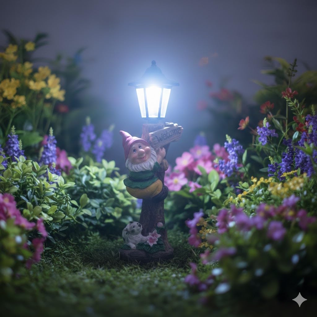 Bloomingtons Direct Red Solar Garden Gnome Outdoor Statue With Solar Led Lampost & Welcome Board Garden Figurine, Funny Solar Light Halloween Decoration For Balcony Garden Patio Yard Lawn
