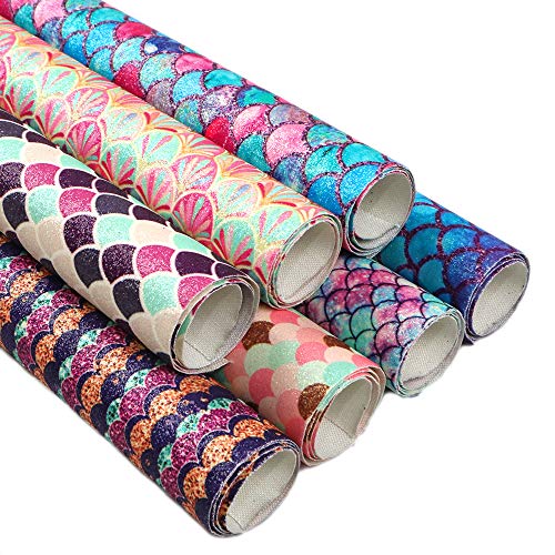 David Angie 7Pcs Fine Glitter Mermaid Scale Printed Faux Leather Fabric Sheet 7.7