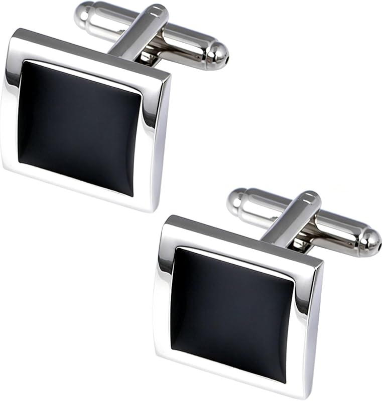 Silver Black Tone Square Men's Cufflinks for French Shirt in Gift Box