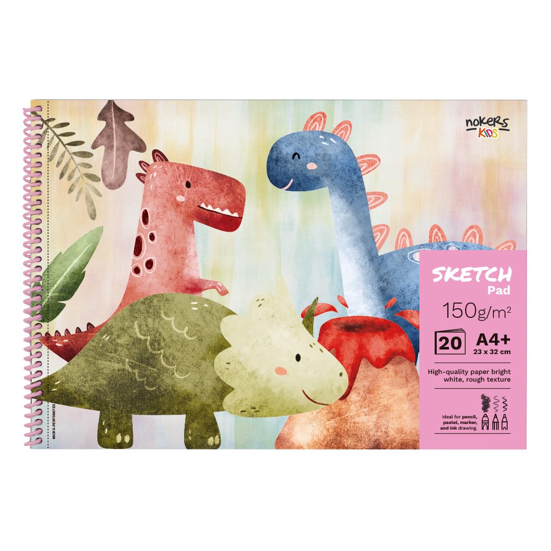 Nokers - Carnet de croquis A4 + spiral pour enfants, livre de dessin pour aquarelle, gouache, marque-pages | 20 feuilles | Olin Design Rough Paper 150 g | Party