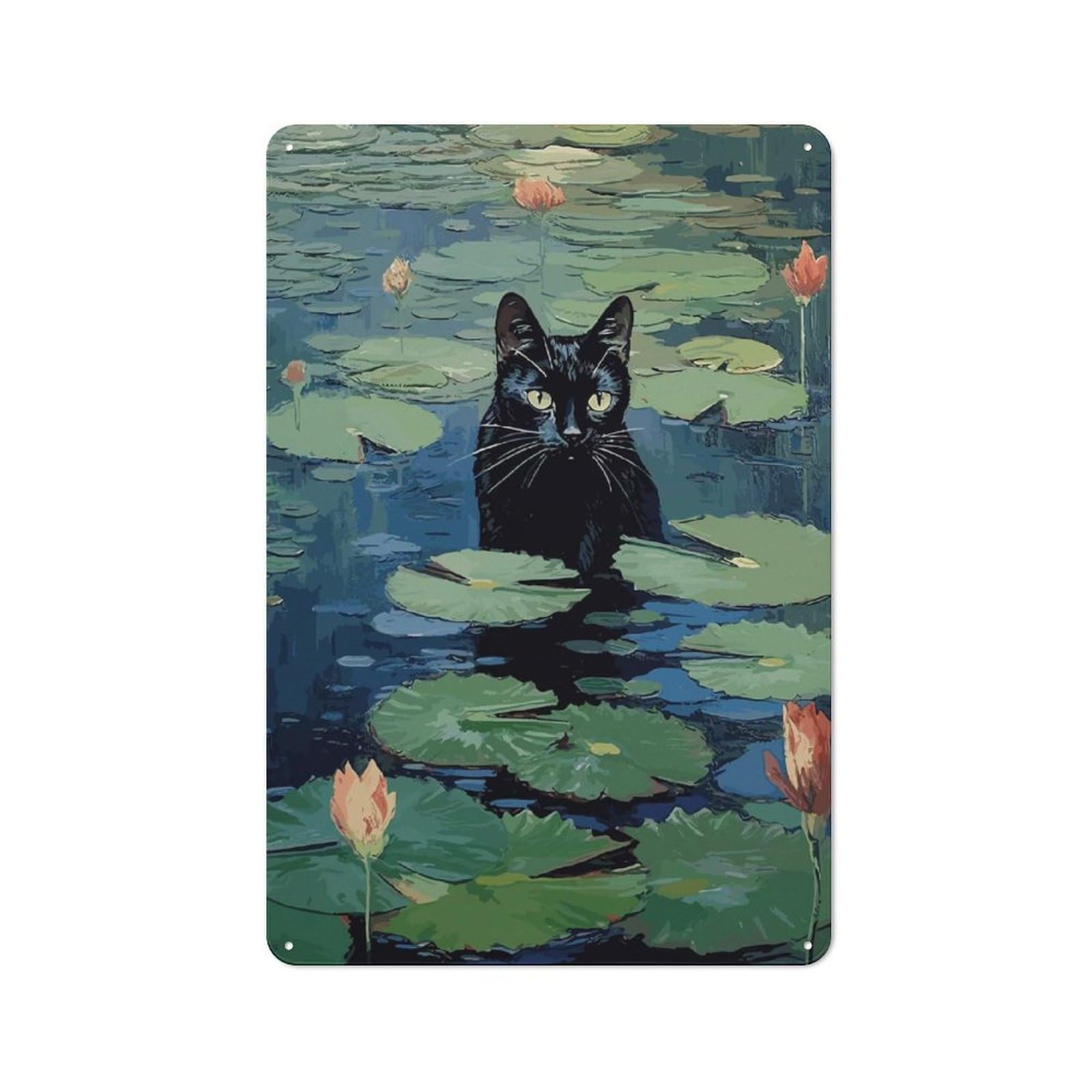 Junmoney Black Cat In Waterlilies Metal Plaque 30X20cm With For Pub Or Café, Retro Decor, For Pub Decor Enthusiasts Refreshing A Room In Autumn