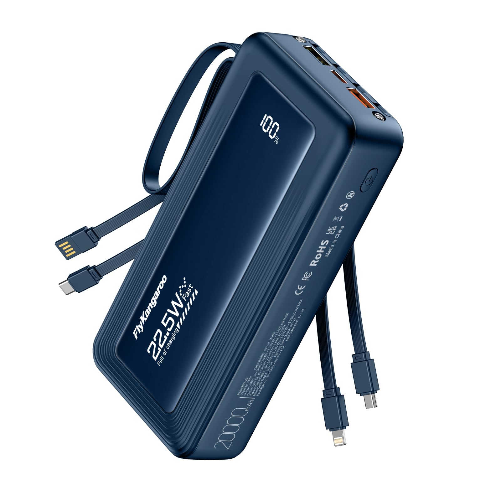 Cargador portátil con cables integrados, delgado de 20000 mAh, carga rápida, 22,5 W, batería externa USB C, pantalla LED, paquete de 6 salidas y 2 entradas para iPhone, Samsung, Pixel, LG