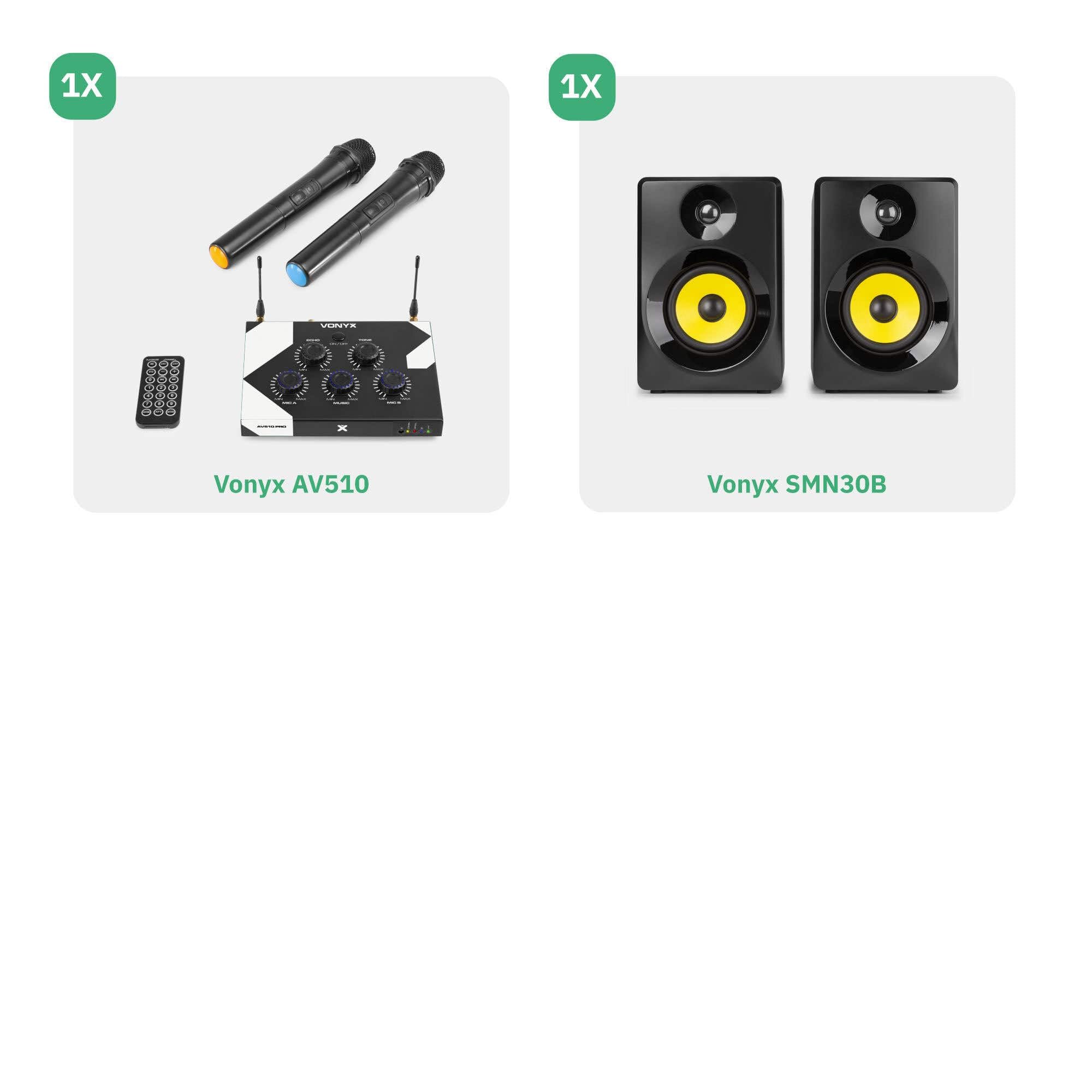 Vonyx AV520 Karaoke Anlage Bluetooth – Mini Soundanlage mit 2 Lautsprechern & 2 Funkmikrofonen – Karaoke Set mit Mixer, Echo, USB-MP3, TV-Anschluss & Fernbedienung – Karaoke System für Zuhause