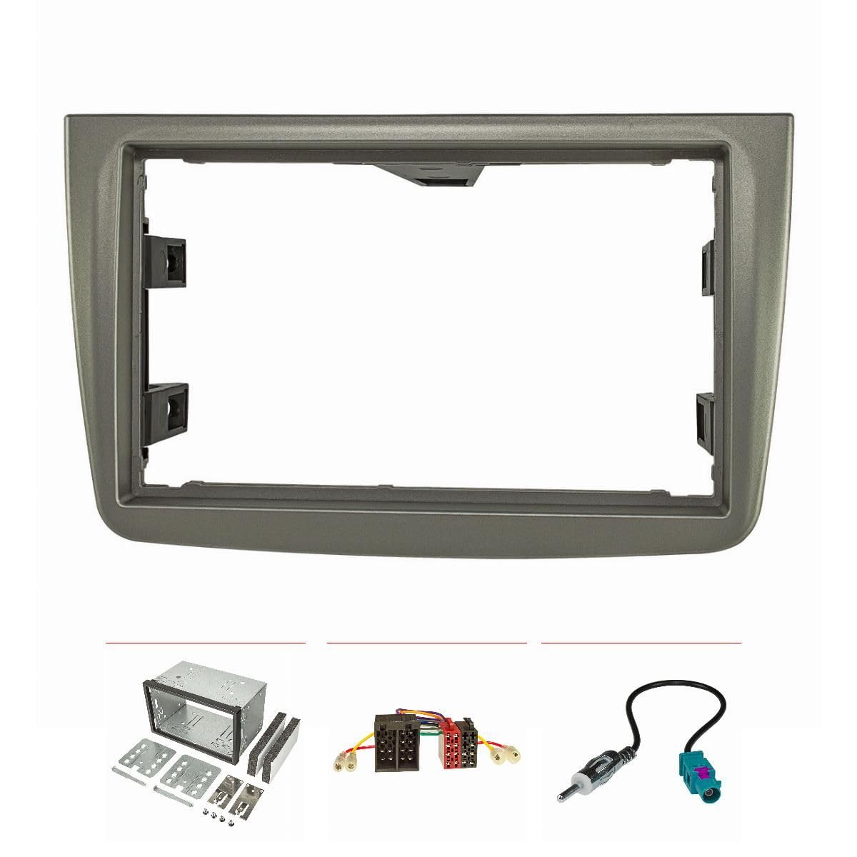 tomzz Audio 2402-027 Doppel DIN Radioblende Set kompatibel mit Alfa Romeo Mito ZAR955 Bj.2008-2013 dunkelsilber glänzend mit Einbaukit Radioadapter ISO Fakra Antennenadapter DIN