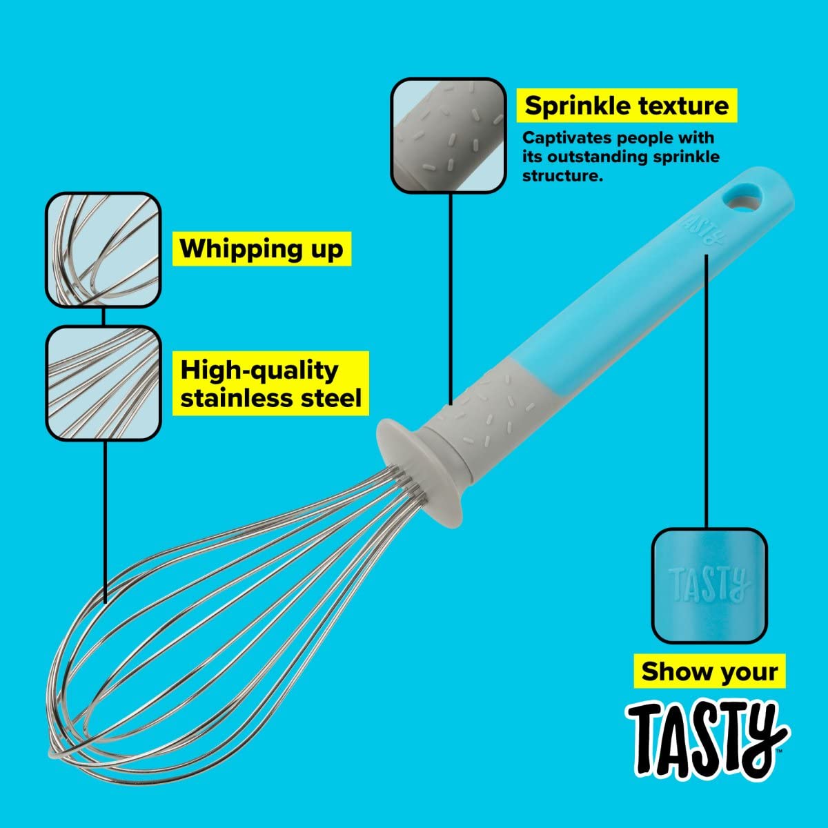 Tasty Stainless Steel Whisk, Balloon Whisk for Stirring and Whipping Ingredients, Balloon Wire Whisk, Egg and Milk Frother, Dimensions: 26 x 6 cm, Colour: Blue, Grey, Silver