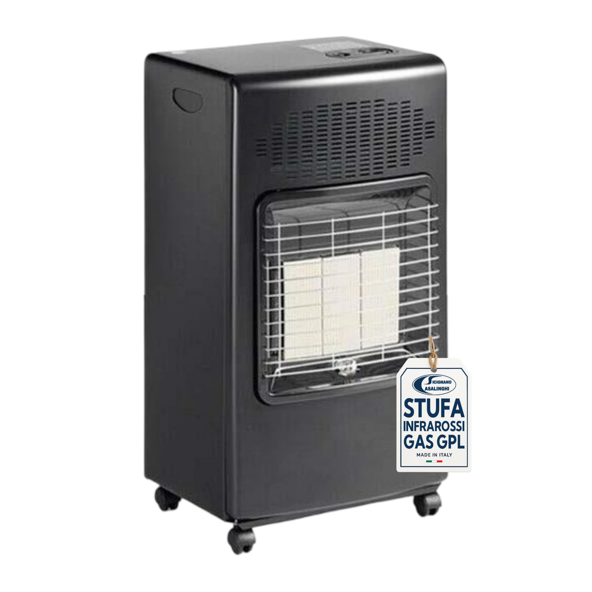 Sicignano - Estufa de infrarrojos GLP Camilla Negra de 3 ladrillos, potencia ajustable 1,5 – 4,2 kW, encendido piezoeléctrico, con manguera, bridas y regulador, calefacción interior