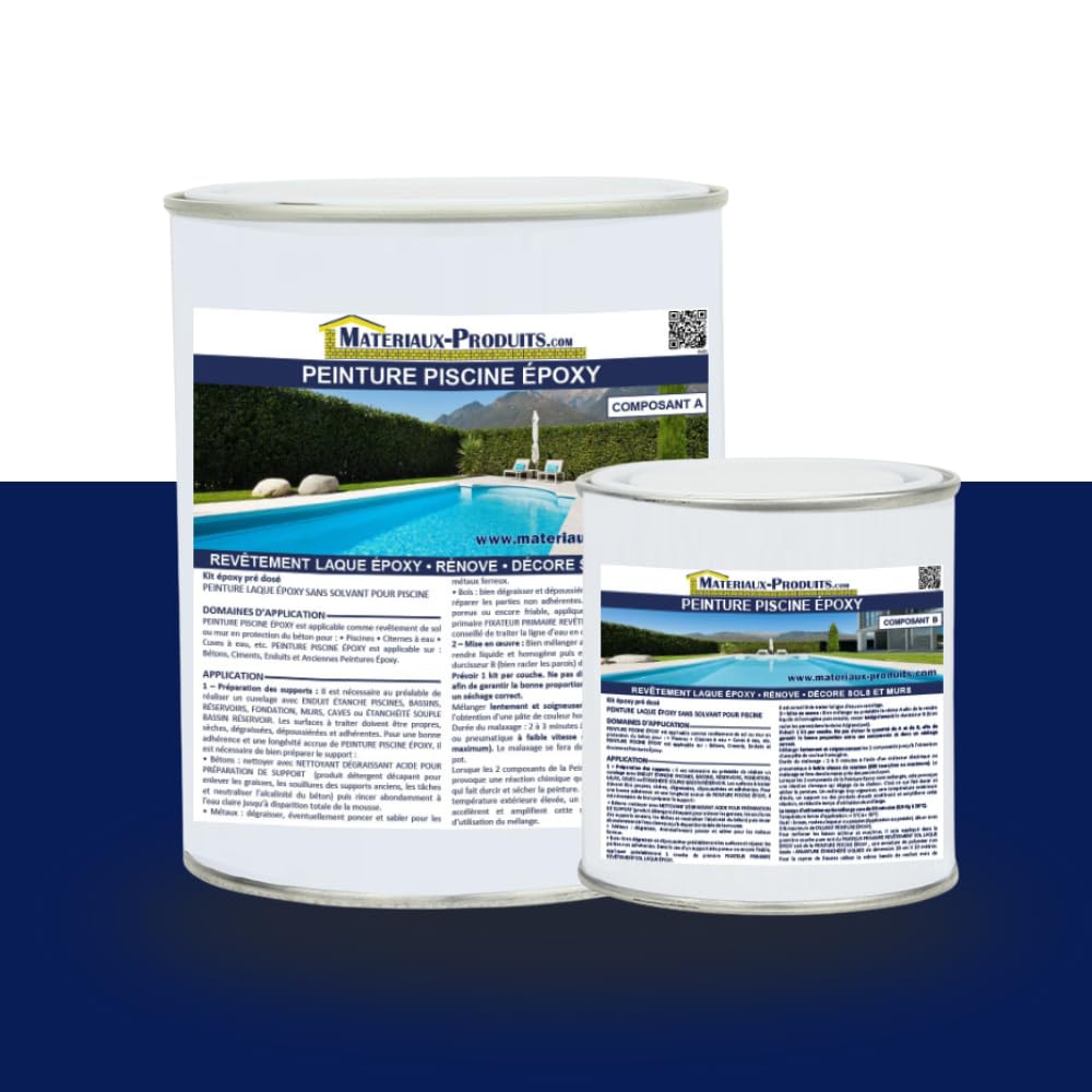 MATPRO - Peinture Piscine Epoxy - Sans Solvant - Très Haute Adhérence sur Béton, Ciment, Enduit - Application Travaux Neufs/Réparation - Bleu Marine - 1Kg