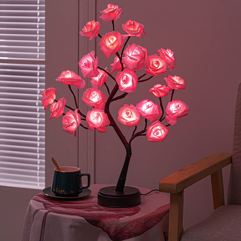 GLOWSERIE Rose Table Lamps for Home Decoration, Light Up Rose Tree Lamp, Girls Gift for Mothers Day, Tabletop Artificial Flower Bonsai Tree Light for Valentine's Day Christmas Bedroom (Pink)