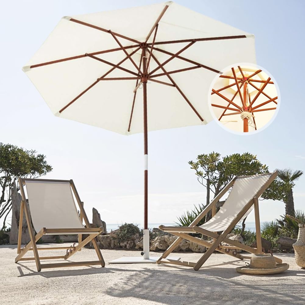 Sombrilla de patio impermeable resistente de 9 pies, redonda de 7 pies, sombrilla para exteriores con polea elevadora, poste de madera y 8 varillas resistentes para terraza, piscina, jardín, mercado