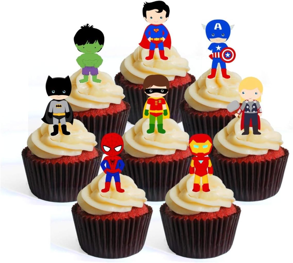 Superhero Theme #1 Edible Cupcake Toppers - Stand Up Wafer Cake Decorations (Pack of 12)