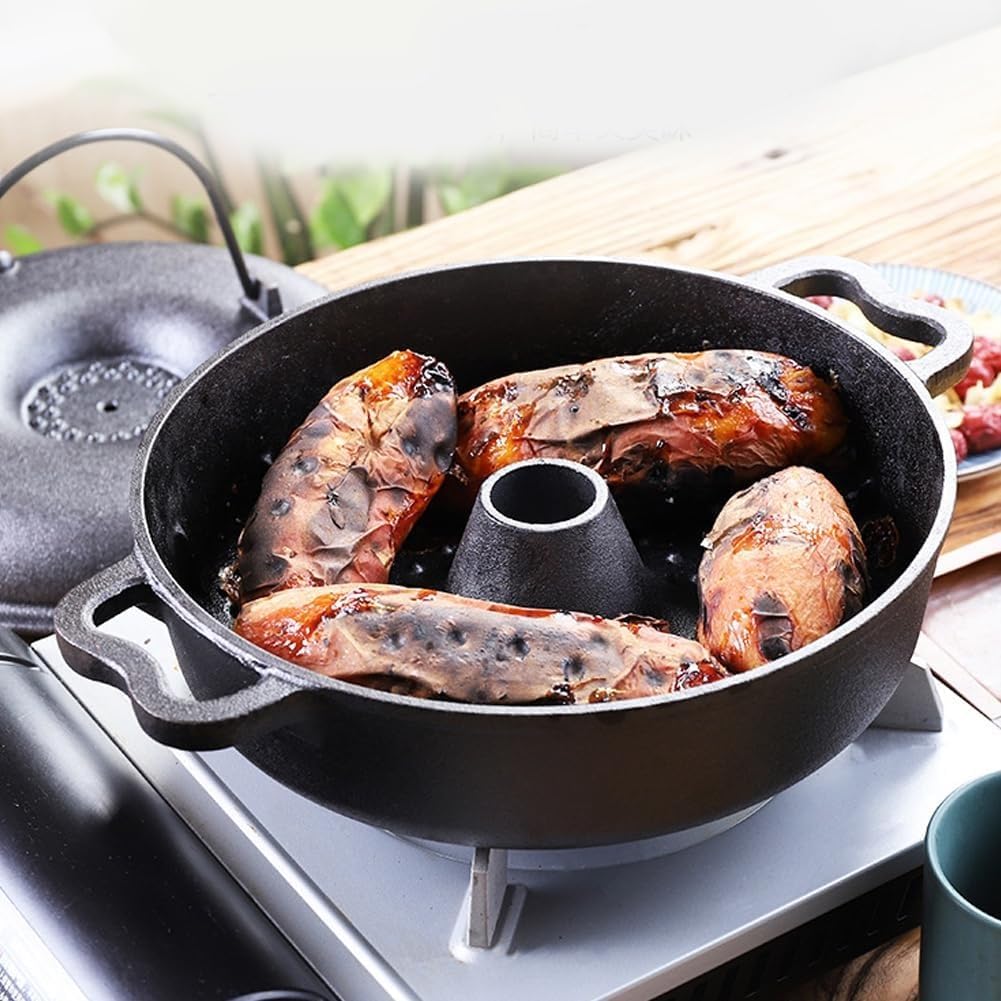 鋳鉄製サツマイモパン（蓋付き） - サツマイモやトウモロコシ用の丈夫なローストパン、アウトドアキャンプベーキング用のシーズニング済み