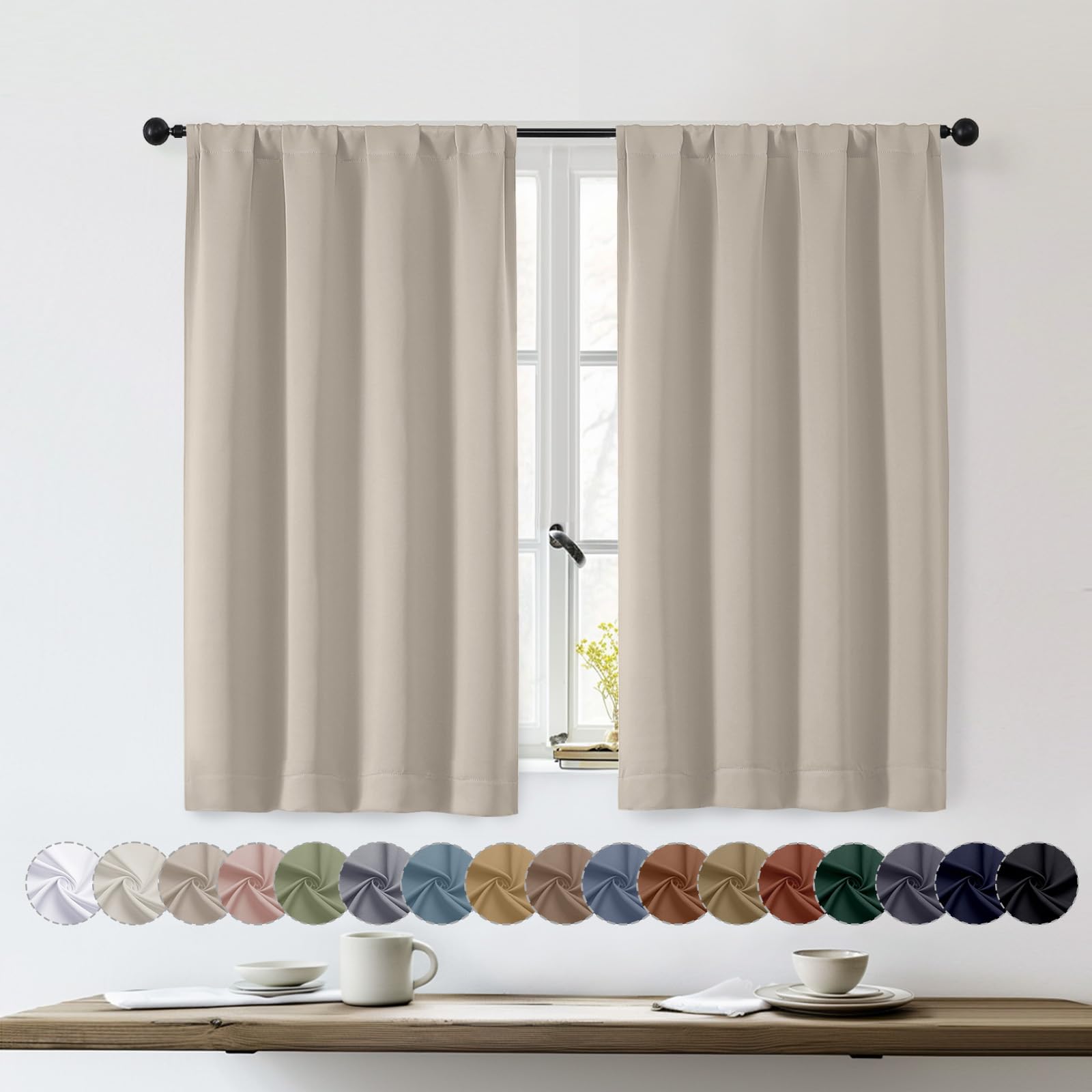OWENIE Sally Stone Short Blackout Curtains for Bedroom Living Room 45 Inch Length 2 Panels Set, Solid Energy Saving Insulated Bathroom Window