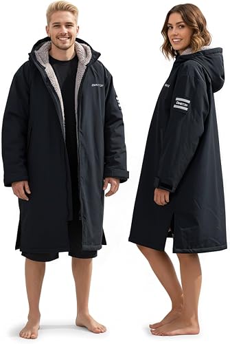 Owntop Swim Parka Men, Waterproof Surf Swimming Coat, Oversized Hooded Sherpa Lining for Pool Beach Changing (Black-Gray, L)