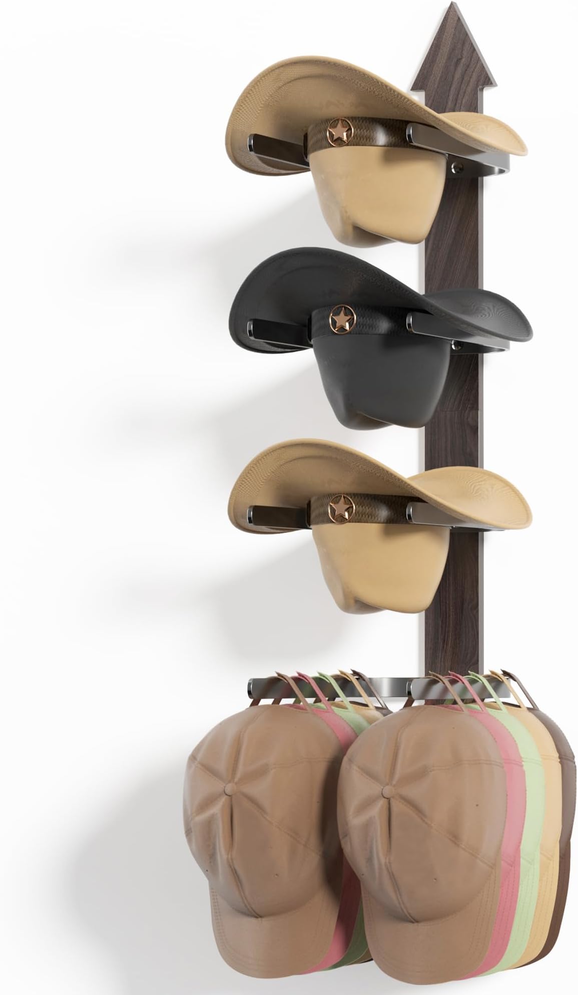 Cowboy Hat Rack for Wall, Cowboy Hat Holder Wall Mount Holds up to 4 Hats, Wooden Western Rustic Metal Hat Hanger with Arrow Sign Board, Hat Organizer for Western Hat, Fedora, Sun Hats (1 pack)
