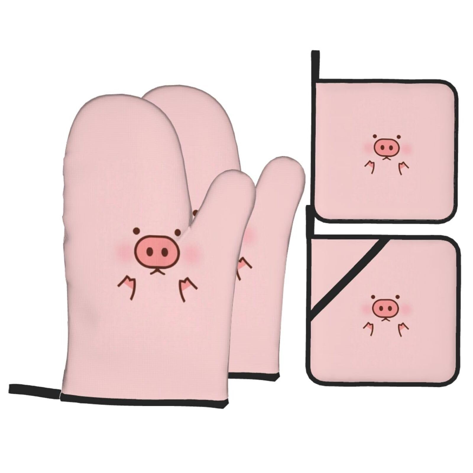 Cute Pig Print Stylish Heat-Resistant Oven 4-Piece Set Kitchen Gloves Roasting Daily Cooking