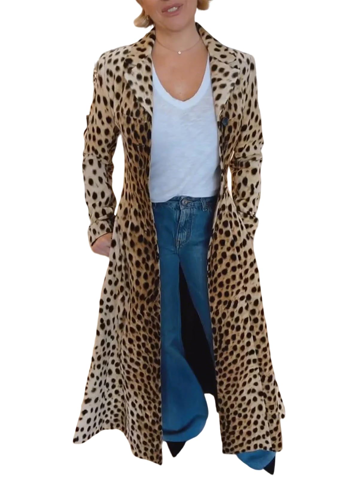 utcoco Womens 2025 Fashion Leopard Long Trench Coat Elegant Dressy Slim-Fit Classic Lapel Trench Overcoat with Pockets