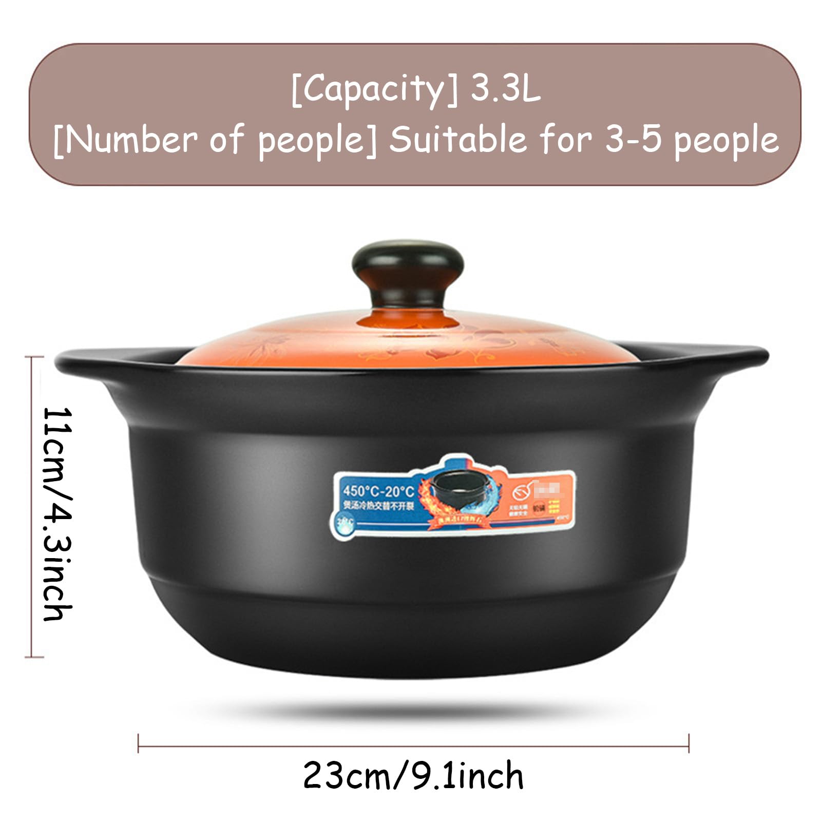 Pentole Casseruola Grande Argilla, con Coperchio Doppio Manico di Terracotta Resistenti al Calore(3.3L/3Quarts)