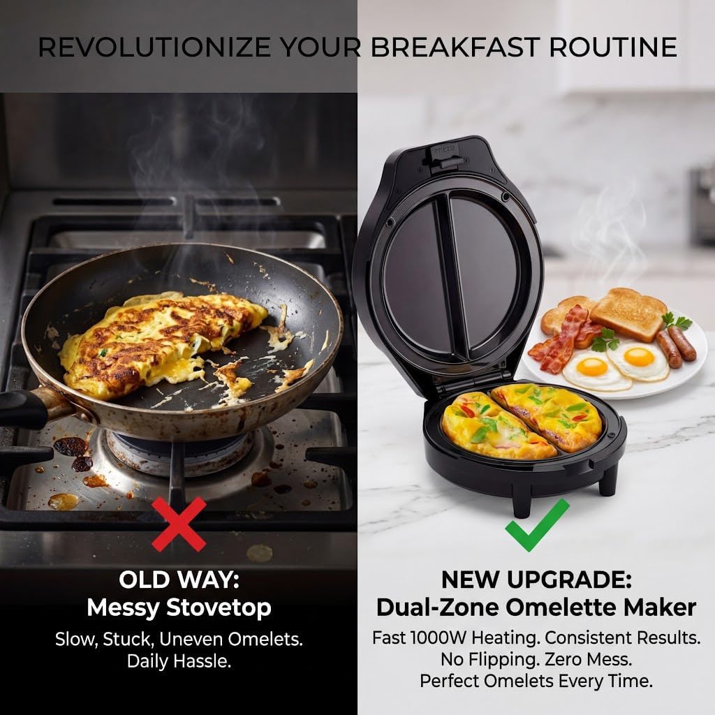 Dual-Zone Electric Omelette Maker, Omelette Pan Nonstick, No-Flip Cooking Makes 2 Omelettes at Once, Compact with Easy-Clean Non-Stick Surface for Eggs and Pancakes Black