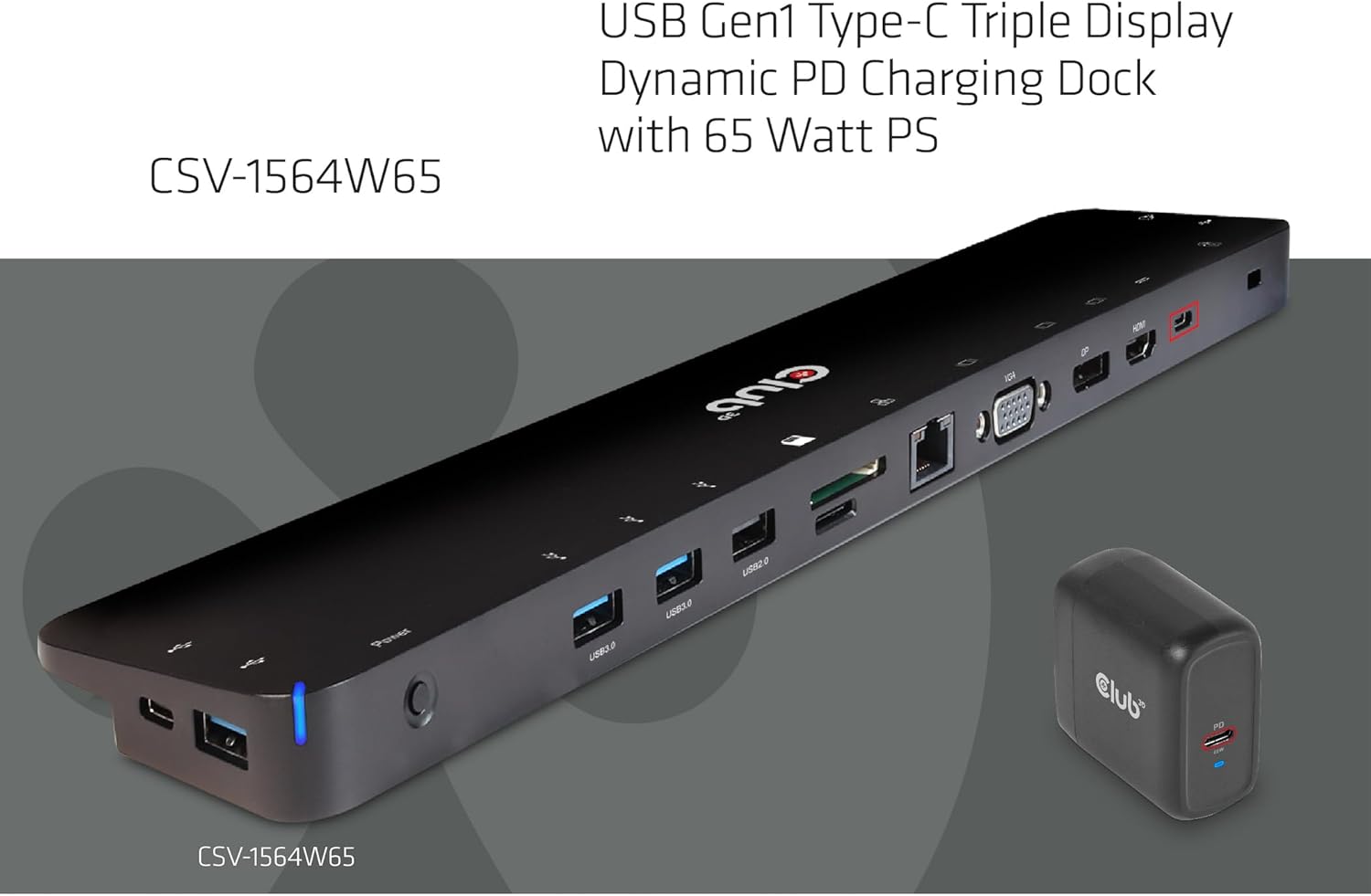 Club3D Universal USB Gen1 Type-C Triple Display Dynamic Pd, W128560702 (Triple Display Dynamic Pd Charging Dock with 65 Watt Ps (Vga, Hdmi, Dp, Ethernet))