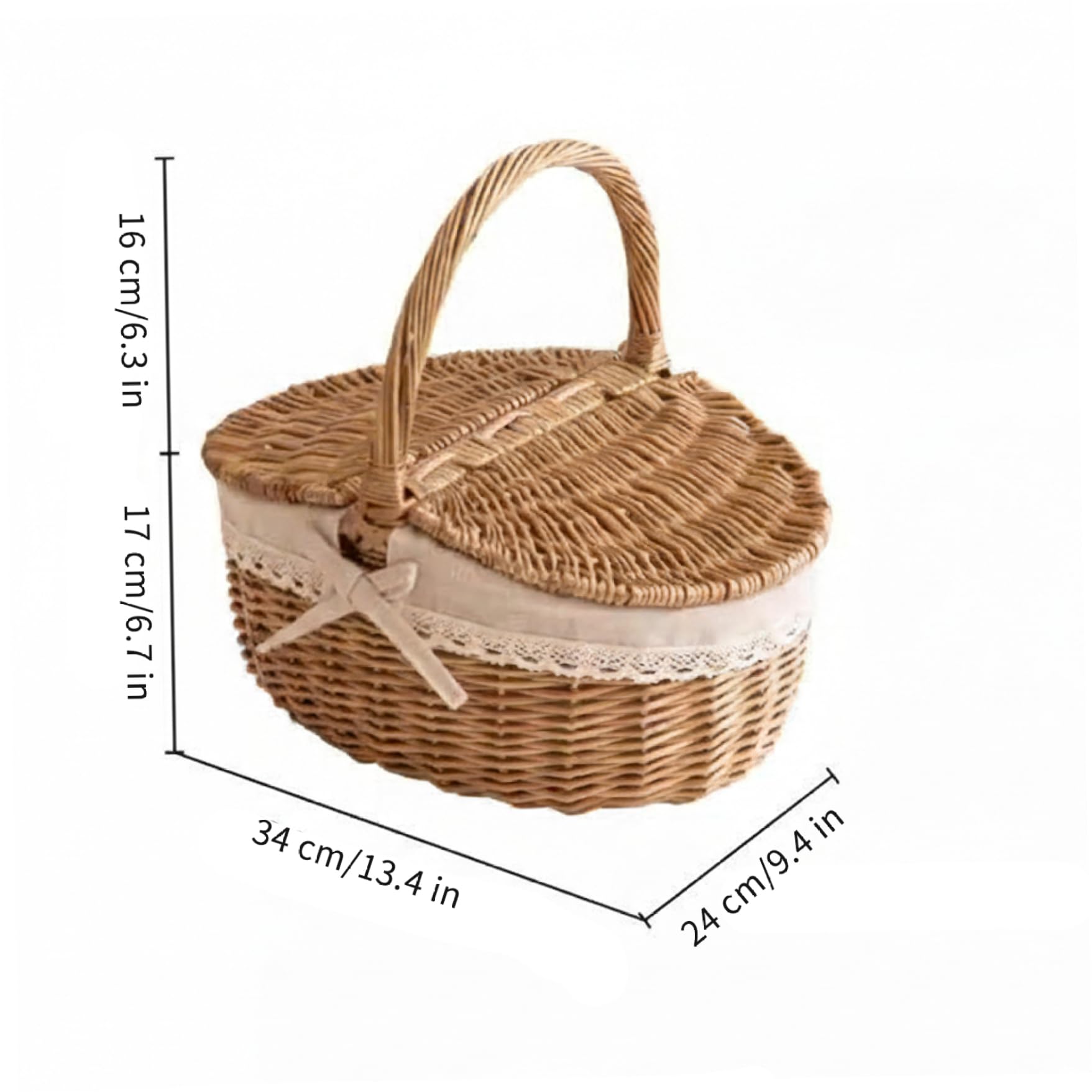 Cesta de Picnic de Mimbre de Estilo Vintage Mediana, Tejida con Tapa y Asas para picnics, Camping, Compras, Almacenamiento en el hogar, Cesta de Picnic