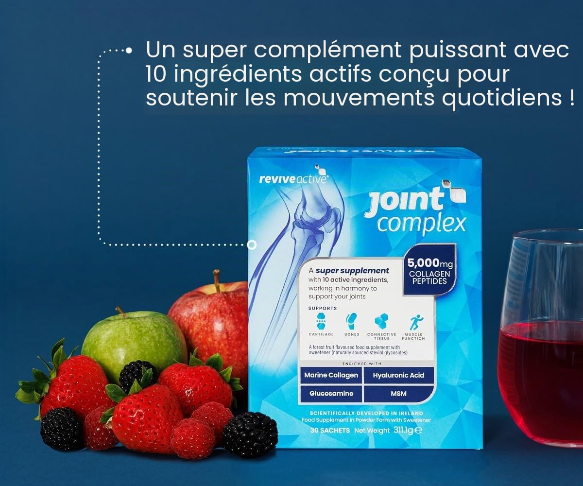 Joint Complex par Revive Active - 1 sachet/jour - Soutient articulations, cartilage, os et muscles - Avec collagène marin, acide hyaluronique, glucosamine - Cure de 30 jours